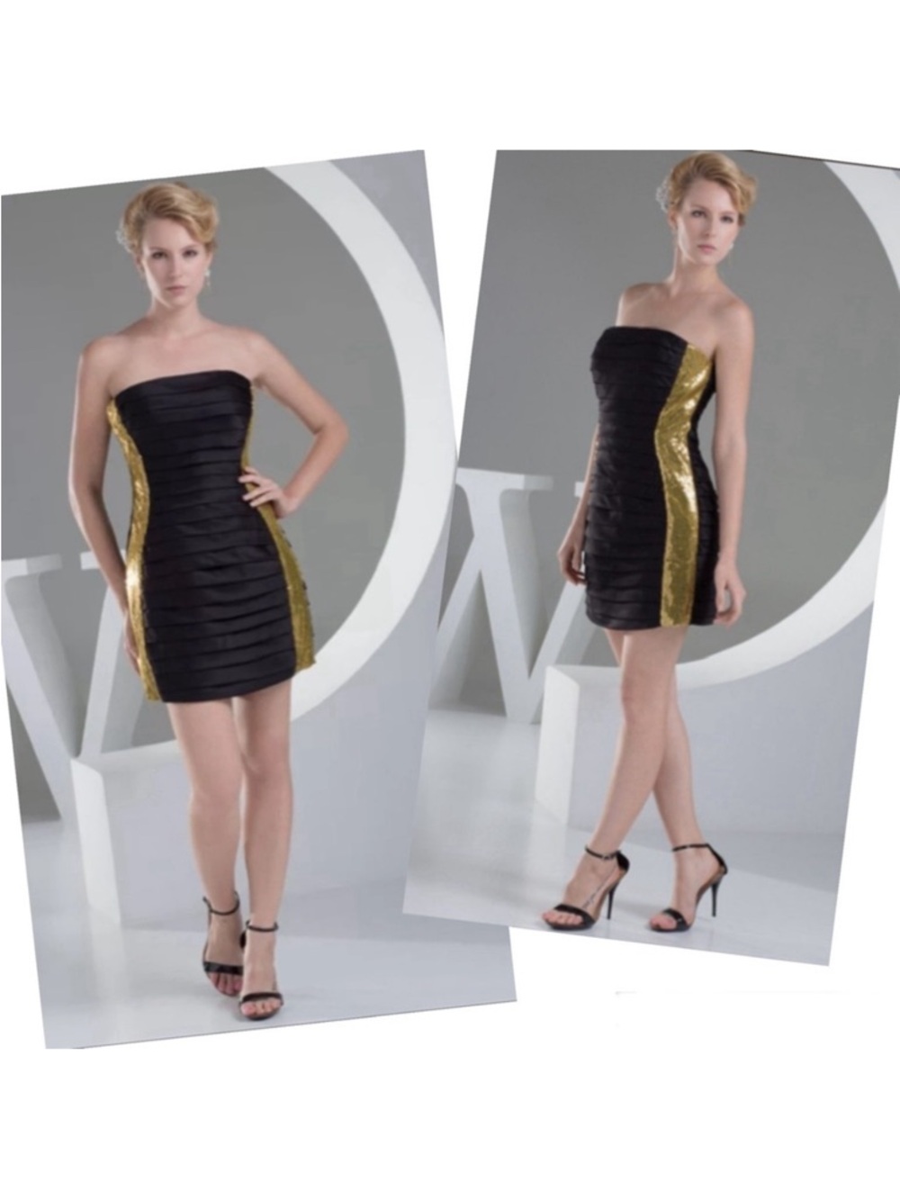 Sherri Hill Strapless Bandage Dress Black Gold Mini Cocktail Pleated Bodycon LBD
